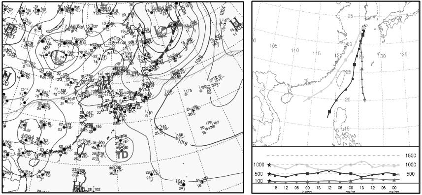 2007 년제주고산의이산화탄소농도현황및고농도사례분석 11 Fig. 11. Same as Fig. 9, but for 6 KST 23 August 2007. 뒤고산으로유입되었으며, 대체로한반도에북태평양고기압이확장해서약한풍속 (3 m/s 이하 ) 으로인해대기가정체되어있는상황이었다 (Fig. 11).