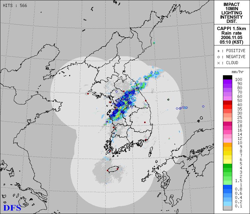 제 3 부 우리나라기상기술및서비스현황 7.2.2 낙뢰영상과레이더영상의합성영상제공 낙뢰자료와레이더자료를비교 검토하기위해서낙뢰영상과레이더영상을합성하여실시간제공 하고있다[ 그림 3-16].