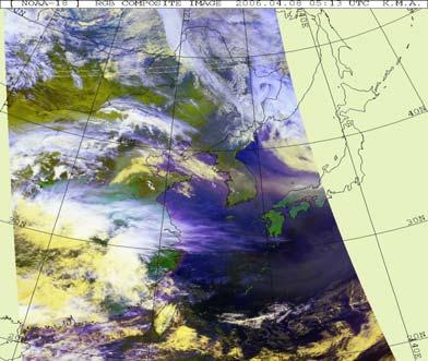 극궤도위성(NOAA) 의황사분석및칼라(RGB)