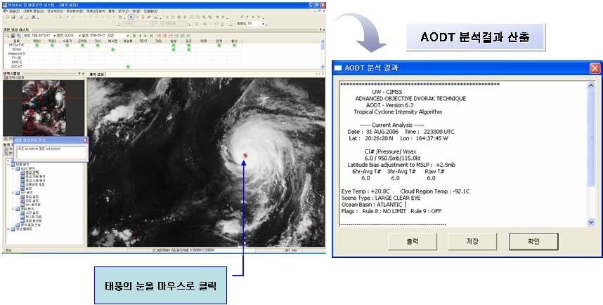 주어진소프트웨어와하드웨어환경에서좀더효과적으로정확한정보를얻기위해서분산된분석 모듈을통합하고, 위성자료또한집중관리하고, 공유할필요가있어서웹기반태풍분석시스템을구 축하게되었다. 웹기반태풍분석시스템은기본적으로위성영상분석툴의기능을모두포함하고있으며, AODT 알고리즘을이용하여중심위치및강도를분석하여, 그결과를실시간표출하여전송할수있도록 구성되어있다.