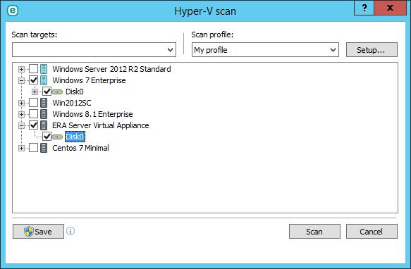 Hyper-V 검사팝업창(자세한내용은Hyper-V 검사참조): 검사프로필드롭다운메뉴에서선택한대상검사에사용할프로필을선택할수있습니다. 기본프로필은스마트검사입니다. 상세검사와오른쪽마 우스버튼메뉴검사의두가지검사프로필이추가로미리정의되어있습니다. 이러한검사프로필은다른여러가지ThreatSense 엔진파라미터 를사용합니다. 검사프로필메뉴에서검사프로필을자세히구성하려면설정.