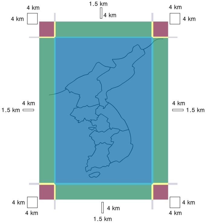 8 3 장통합모델 (Unified Model) 3.3 좌표계와해상도 가변격자계를사용하는통합모델의 (KORV) 모의영역중앙에서는 1.5 1.5km의해상도를 ( 그림 3.5에서파란색 ) 갖지만모의영역의가장자리에서는 12km로해상도가저하되며, 모의영역중심의북쪽과남쪽에서는위 / 경도해상도가각각 4km 1.5km ( 그림 3.