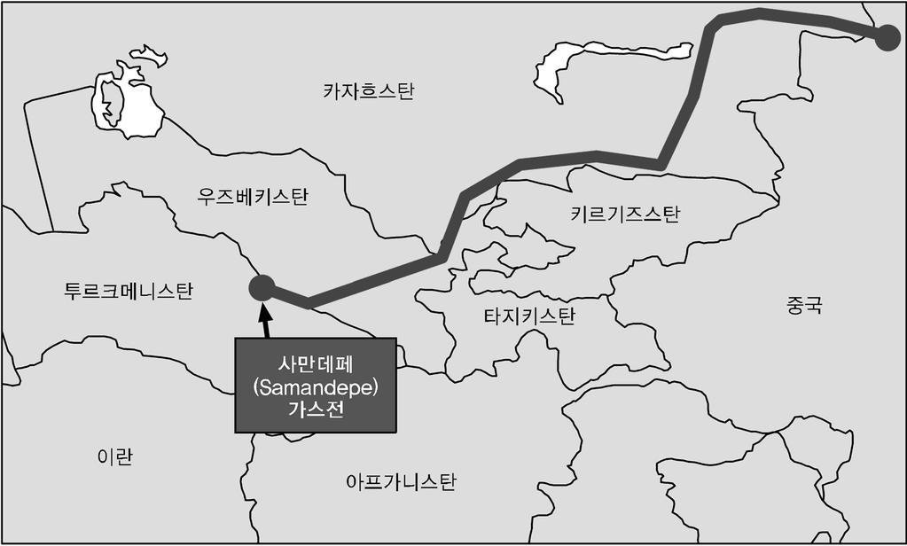 제 2 장글로벌금융위기이후중앙아시아경제와신성장전략 39 은 2009 년 12 월개통되었으며, 전체확장과지선의최종연결은 2011 년으로예정 되어있다. 8) 그림 2-2. 중앙아시아 - 중국가스관노선 자료 : 직접작성.