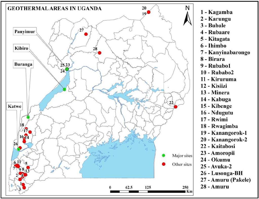 ㅇ지열에너지 - 우간다의지열에너지는아직탐사단계지만약 450 MW 정도의잠재량을가지고있을것으로평가됨 - 동아프리카 Rift Valley가있는우간다서부지역에잠재량이많은것으로알려져있는데, 그중에서도 Katwe-Kikorongo, Buranga, Kibiro 세곳의잠재량이클것으로파악됨 Figure 6