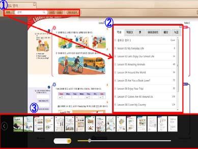 목록, 검색어입력, 그리고양면 / 단면 / 노트보기전환버튼과확대 / 축소버튼, 펜그리기, 오디오컨트롤, 인쇄, 북마크버튼이제공됩니다.
