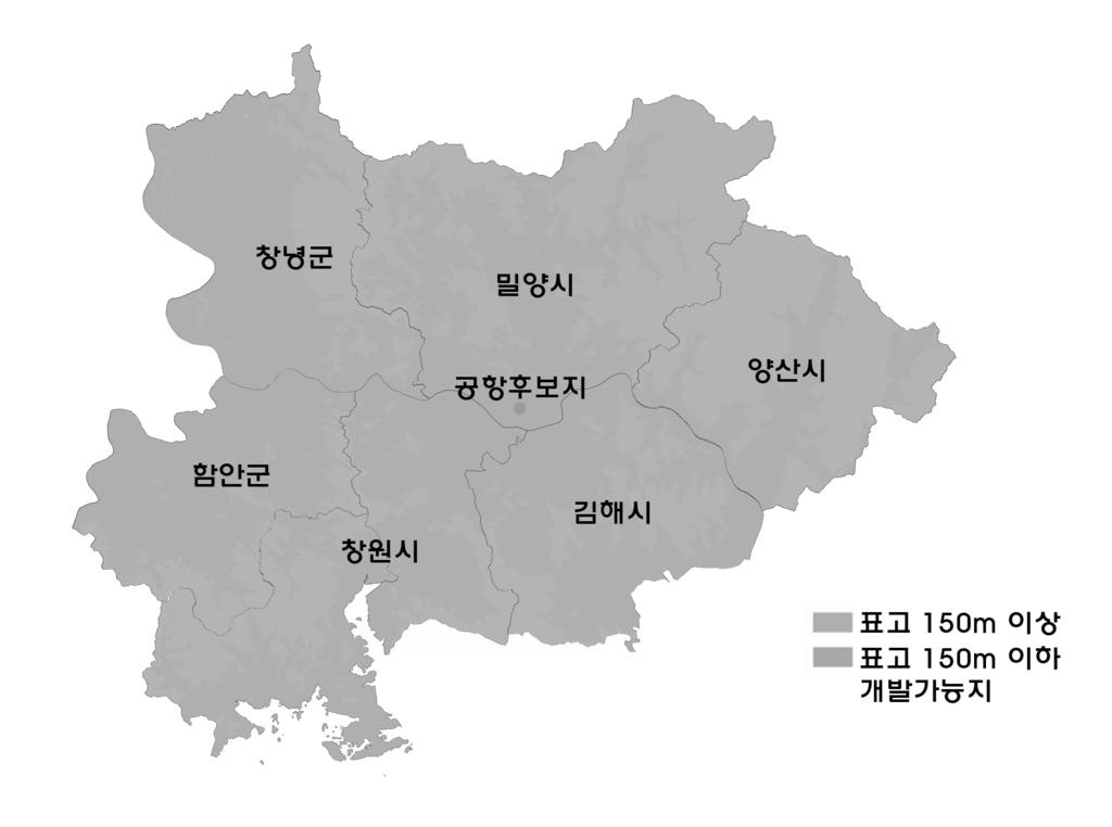 4. 개발가능지분석 1) 표고제한공항후보지인근지역의표고제한개발가능지를분석한결과 150m 이상으로개발이어려운지역은밀양 양산이 50% 이상으로나타났으며, 창원 김해 창녕은 30% 이하로양호한것으로나타났다.