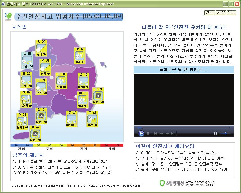 소방방재주요통계및자료 주간안전사고위험지수도입시기 :2007년 3월 5일일요일부터토요일까지 7일간을 1주로하여,