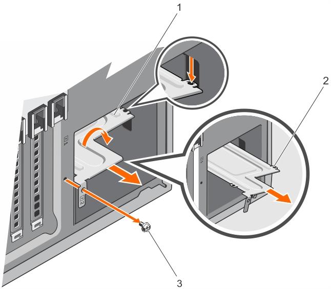 그림 72. PSU 분할기분리및설치 다음 1 전원공급장치분할기 2 탭 (4 개 ) 3 나사 1 중복 PSU 또는 PSU 보호물 ( 해당하는경우 ) 을설치합니다. 2 시스템을전원콘센트에다시연결하고시스템및시스템에연결된주변장치의전원을모두켭니다.