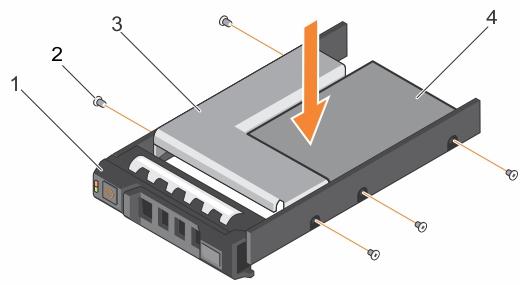 그림 35. 핫스왑가능한하드드라이브캐리어에 3.5 인치하드드라이브어댑터설치 1 3.5 인치핫스왑하드드라이브캐리어 2 나사 (5 개 ) 3 하드드라이브어댑터 4 2.5 인치하드드라이브 다음 시스템에 3.5 인치핫스왑하드드라이브캐리어를설치합니다. 관련링크 3.5 인치하드드라이브어댑터에 2.5 인치핫스왑가능한하드드라이브설치핫스왑가능하드드라이브캐리어설치 3.