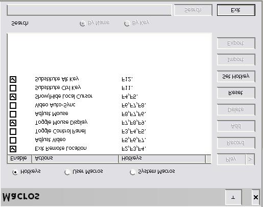 매크로 매크로아이콘은매크로대화상자에있는핫키, 사용자매크로, 시스템매크로 3 가지 기능에접근을제공합니다. 각기능은아래섹션에서설명합니다. 핫키원격서버를제어하는다양한방식을핫키로실행할수있습니다. 핫키설치유틸리티 ( 이아이콘을클릭하면접근됨 ) 를사용하면사용자가핫키가실행하는기능들을설정할수있습니다. 기능들은왼쪽패널에있고, 핫키는오른쪽패널에있습니다.