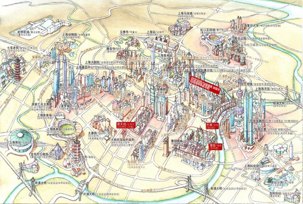 상해관광지지도 홍교공항 코리아타운 신홍교홀리데인 푸토우르네상스 중토호텔 포서코트야드메리어트 포포인츠쉐라톤