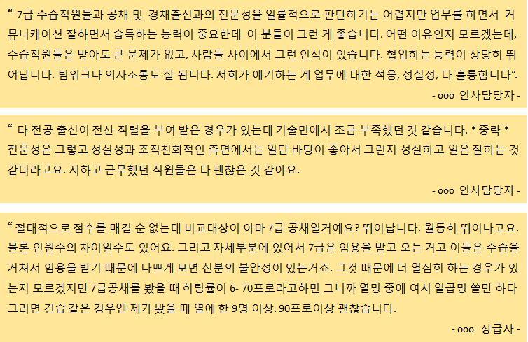 2. 상급자 / 인사담당자인터뷰분석결과 ) 7 급수습직원의업무역량 상급자와인사담당자를대상으로 7 급수습직원의업무역량에대하여인터뷰한결과는 7 급 수습직원들은탁월한역량을보유하고있다는것이다. 이러한역량은양적으로측정되기 보다는성실성과같은측정하기어려운역량으로제시된다.