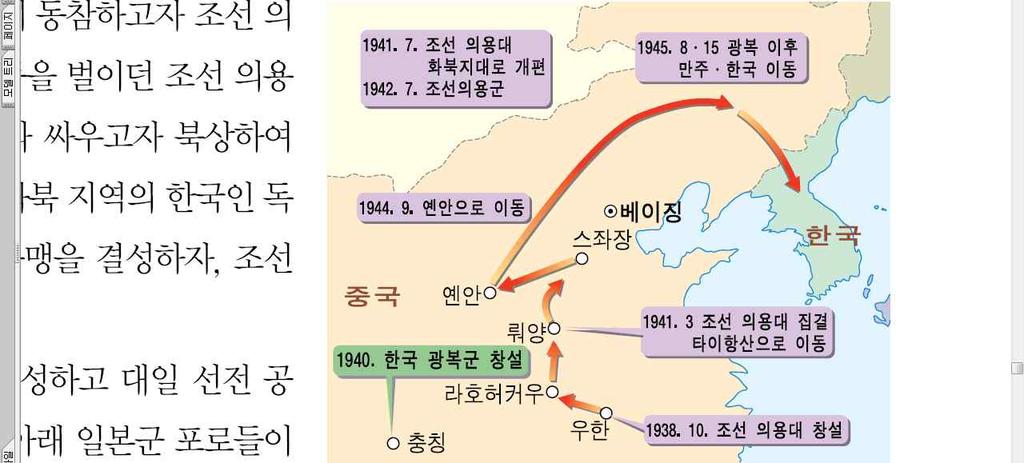 ᄂ중국본토 a ( 조선의용대 )(1938) : 중국의지원으로항일전에동참 일부는조선독립동맹의 ( 조선 의용군 )(1942) 으로편성, 일부는한국광복군에편입 (1941) < 조선의용대의한 중연대 > 이번중국항전은일본제국주의에결정적타격을가할절호의기회가될것임을알수있다. 더불어조선의민족혁명운동은일본제국주의에맞선중국항전의불가결하고도유력한승리의한요소임을알수있다.