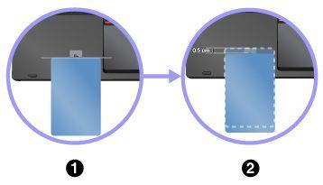 컴퓨터를 NFC 카드와페어링 시작하기전에카드가 NDEF(NFC Data Exchange Format) 인지확인하십시오. 그렇지않을경우태블릿이카드를탐지하지못합니다. 그런다음다음과같이하십시오. 1. 그림과같이 NFC 레이블바로위에카드를놓습니다. 카드의더짧은가장자리를 NFC 레이블중앙의길쭉한라인에맞춥니다. 2. 카드를 0.5cm(0.