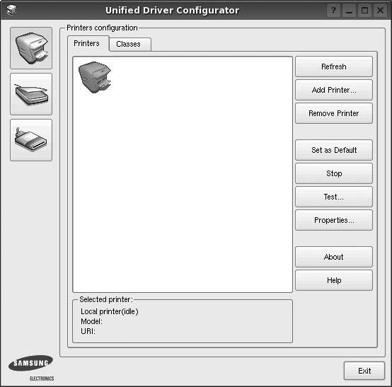 Printers configuration 화면사용하기 프린터기능을설정할수있는 'Printers configuration' 화면에는 [Printers] 탭과 [Classes] 탭이있습니다. Printers 탭 Printers configuration 화면을엽니다. 아래설명을참조하세요. 현재설치되어있는모든프린터를보여줍니다.