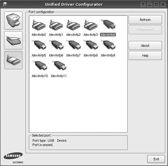 Port configuration 화면사용하기 이화면에서는 MFP 포트목록을볼수있고각포트의상태를확인할수있습니다. 포트목록을갱신합니다. 포트에연결되어있는장치와의연결을해제합니다. Port configuration 화면을엽니다. 시스템에서사용할수있는모든포트를보여줍니다. 선택한포트의타입, 연결되어있는장치의이름과상태를보여줍니다.