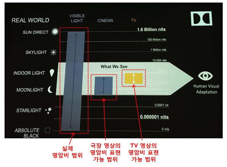 자연상태의명암비범위는 1에서 10만까지그범위가매우넓기때문에햇빛으로인해형성된그늘속에서도물체가회색이든검은색이든그차이를구분할수있지만, 현재의 TV에서는최대표현가능한명암비범위가 1에서 2,000까지에불과해매우밝은영역에서는모든물체가흰색으로, 어두운영역에서는검은색으로만표현된다는한계가존재함 돌비비전기술은이러한명암비의표현범위를기존디스플레이대비최대