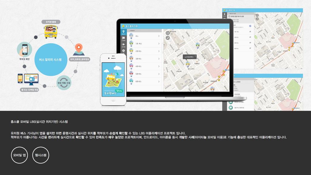 홉스쿨모바일 LBS( 실시간위치기반 ) 시스템 유치원버스기사님이앱을설치만하면운행시간과실시간위치를학부모가손쉽게확인할수있는 LBS 어플리케이션프로젝트입니다.