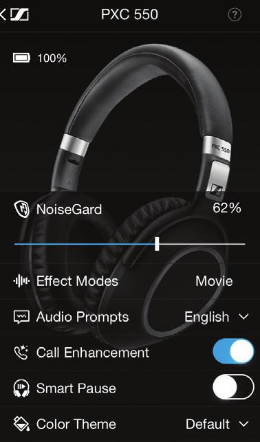 자신에게맞는편안한수준으로 NoiseGard 를조정합니다. 오디오안내를변경합니다. 보다명료하고편안한통화를위해통화향상기능을실행합니다. 스마트일시정지기능으로음악을재생 / 일시정지하거나전화를받고종료합니다. 헤드폰의남은배터리수명을확인합니다.