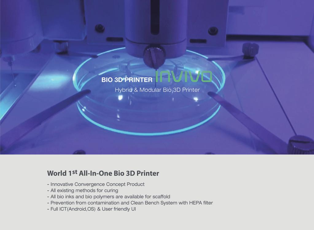 게이식할수있는데환자는자신의몸에서채취한자가세포로이식이가능하기때문에면역거부반응등의부작용이없는맞춤형이식이가능하게되는것입니다. 예를들어, INVIVO 로신장모양을프린팅한다면신장모양의스캐폴드안에는바이오잉크로채워진신장세포가자라수개월후에신장모양대로신장이자라게됩니다. 이때스캐폴드는녹아없어질수있는신체적합성재료로만들어안전하고요.