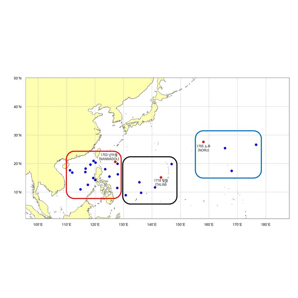 [ 그림 1.2] 2017 년북서태평양에서발생한태풍의발생위치분포도 ( 빨간점 : 한반도에영향을준태풍의발생위치 ).