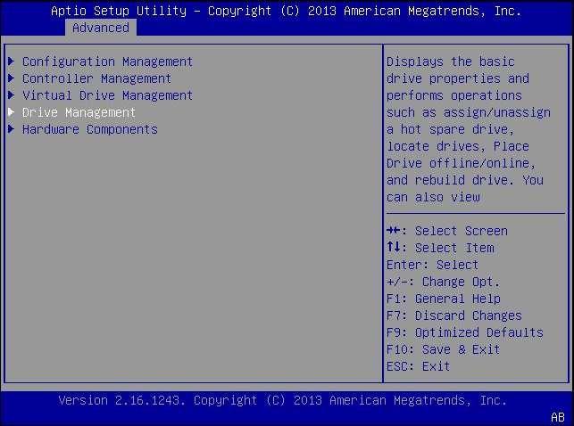 드라이브 및 해당 슬롯을 확인하려면 그림 3-2 6. Drive Management 메뉴 옵션 표시되는 페이지에서 연결된 드라이브를 검토한 후 나중에 참조할 수 있도록 각 슬롯을 기록 해 둡니다.