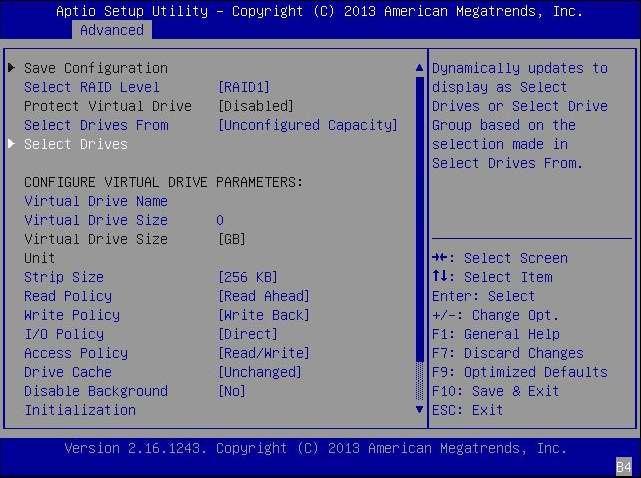 논리 드라이브를 만들려면 그림 3-7 5. Select Drives 필드 선택 RAID 볼륨 구성에 포함하려는 각 드라이브에 대해 다음을 수행합니다. a. 화살표 키를 사용하여 드라이브로 이동합니다. b. 화살표 키를 사용하여 해당 드라이브와 연관된 Enabled 또는 Disabled 필드로 이동한 후 Enter 키를 누릅니다.