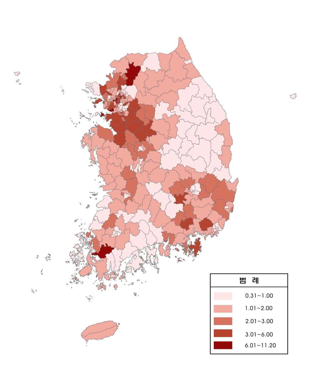 - 외국인의비율이가장높은지역은안산시단원구 (11.20%) 로가장높은수치를나타냈으며그다음으로는영등포구 (10.60%), 금천구 (8.55%), 전라남도영암군 (7.66%), 구로구 (7.35%), 포천시 (6.92%), 종로구 (6.29%), 충청북도음성군 (5.84%), 수원시팔달구 (5.53%), 경상남도고성군 (5.