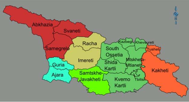 경관지자체명구성인구 / 특징 라차 - 레츠후미 (Racha-Lechkhumi Region) 4 개시 3 만명, 산악지대 사마그레로 - 제모스바네티 (Samegrero-Zemo Svaneti Region) 8 개시 33 만명, 산악지대 ( 행정중심 ) 삼츠헤 - 자바헤티