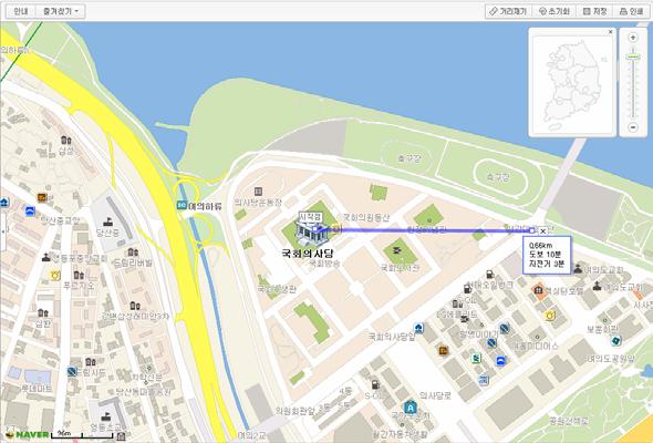 * 여의도국회의사당기준 ( 그림 11) Naver 지도의길찾기와거리재기서비스 (http://openapi.naver.com/page.nhn?pageid=3_02_2) 를사용하여다른서비스와매쉬업을할때좌표변환이필요하다는불편함을가지고있다. 이를위해 Naver 지도는국내주소좌표변환기능을제공하고있다. 아직까지국내지도만서비스되며, 위성사진은제공하고있지않다.