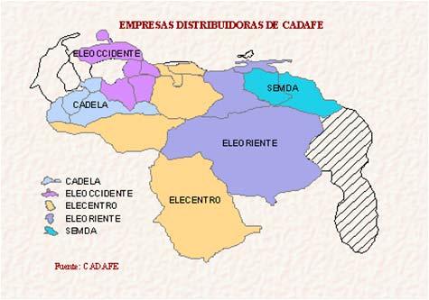 SEMDA: 1998년 CADAFE의다섯번째자회사로독점권계약서를보유함. 2003년 1,374 GWh를공급함. EDELCA(CVG Electrificacion del Caroni): 베네수엘라최대규모의정부소유전력회사로에너지부가아닌광물 기초산업부의산하기구임. Guayana지방의수력발전시설을중심으로전력을생산함.