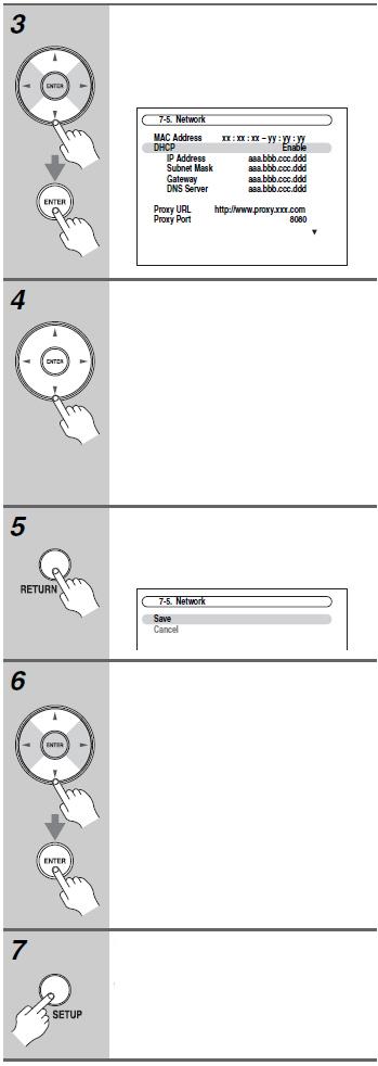 NET 계속 네트워크설정네트워크설정을변경한후에는반드시 Save를실행하여변경된내용을저장해주어야합니다. 상하 [ [/[ ] 버튼을눌러 5. Network를선택한후, [ENTER] 버튼을누릅니다. Network 화면이나타납니다. 이장에서는 AV 리시버의네트워크를어떠한방법으로수동으로지정할수있는지를설명합니다.