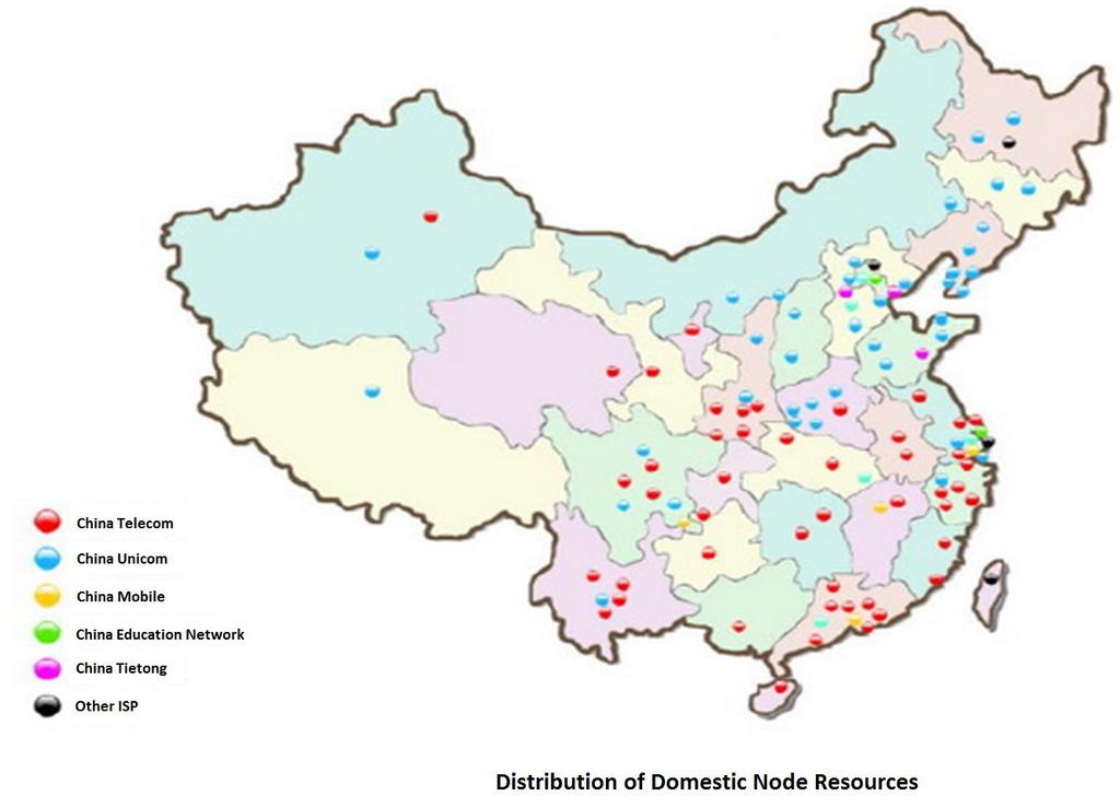 500+ 중국내노드, 30+ 해외노드 차이나텔레콤, 차이나유니콤, 차이나모바일, 차이나 Tietong 등다른 ISP 와연결 상가폴, 홍콩, 독일, 대만등중국본토외다른나라에노드를보유하고있음 각각의노드에는 SSD+SATA