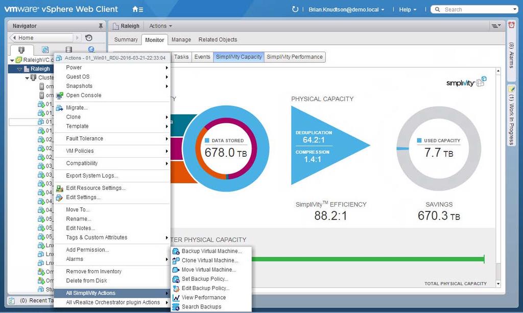 SimpliVity 소개 (VMware vcenter 관리화면과의통합 ) HPE SimpliVity 는구성, 운영과관련된모든오퍼레이션을 vcenter,