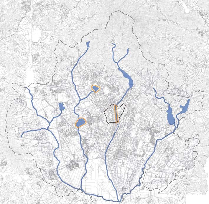 경관자원조사및분석의방향 경관자원조사 경관구조분석 경관의식조사 관련계획검토 선진사례조사 분석의종합 경관자원의분포 - 4개의하천과 7개의주요저수지가도심에분포 - 하천은광교산맥에서발원하여북에서남으로흐르며도시를관통, 크고작은저수지를형성하며대황교부근에서황구지천과합류 - 서호 ( 축만제 ), 일왕저수지 ( 만석거 ),