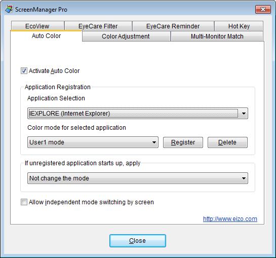 제 4 장 Auto Color 개별어플리케이션의컬러모드를등록하여어플리케이션이실행되었을때모니터의컬러모드가자동으로전환되도록합니다. 주의 Auto Color 기능을켜려면, ScreenManager Pro 아이콘이알림영역에있어야합니다. Auto Color 기능이활성화되도록체크합니다. 어플리케이션의컬러모드를등록하거나등록을제거할때사용됨. 4-2.