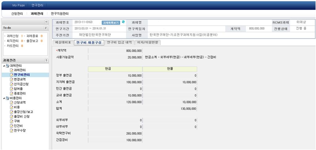 6. 과제관리 6-5-. 연구비관리 / 연구비재원구성 ( 연구관리 > 연구비재원구성 Tab).