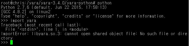 03-2 Yara 설치 Yara 설치와시작 Python yara 테스트 python import yara 아래와같은에러가발생한다면?