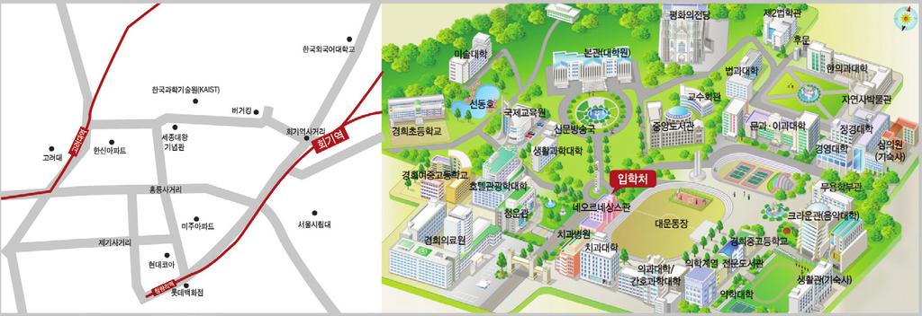 캠퍼스및교통안내 서울캠퍼스 서울캠퍼스교통안내버스 1222( 초록 ), 273( 파랑 ), 동대문 01( 초록 ) 지하철 1