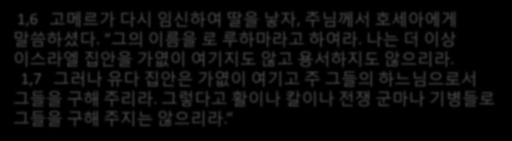 1,6 고메르가다시임싞하여딸을낳자, 주님께서호세아에게말씀하셨다. 그의이름을로루하마라고하여라.