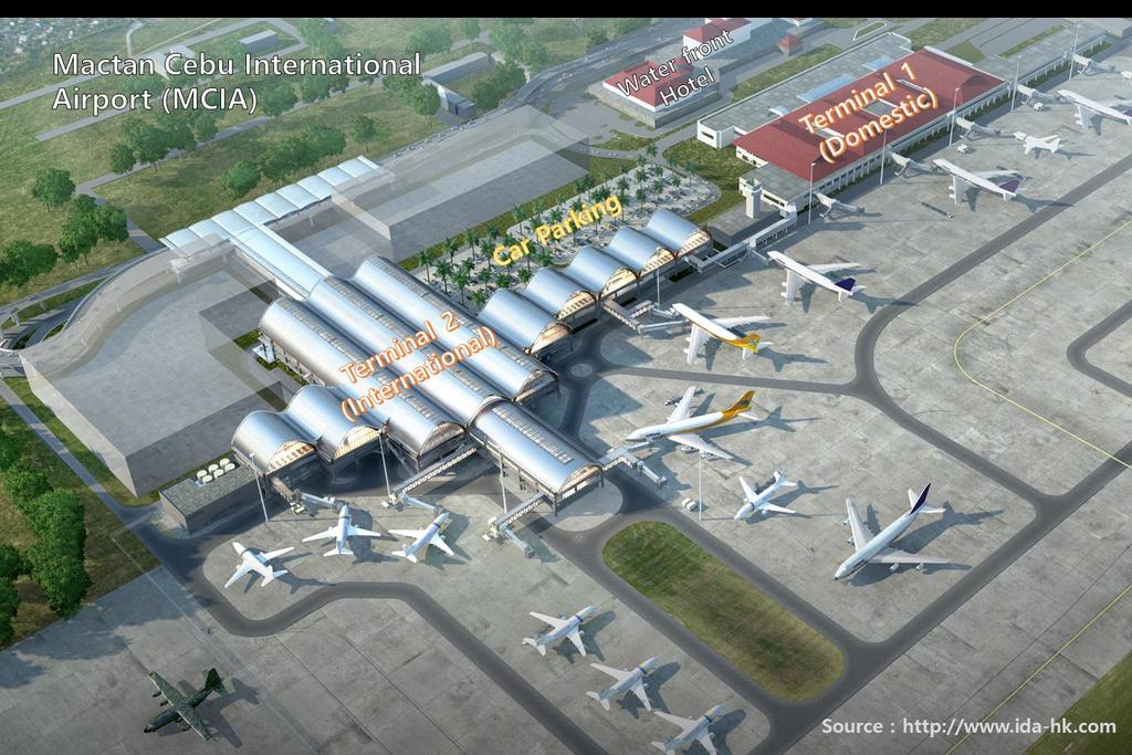 5. 필리핀도착및픽업안내 세부막탄국제공항간략도 공항명칭및내용 막탄세부국제공항 (Mactan Cebu International Airport, MCIA) 은공항부지내터미널이 2 개존재하며, 그명칭은 MCIA Terminal 1 과 MCIA Terminal 2 입니다.