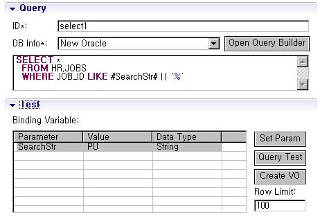 5. DBIO 작성 (5/6)- 쿼리 Test 및결과확인 2. 구현도구 SqlMap Editor 는 Test Section 과 Result View 를통해쿼리테스트기능을지원함 1 DB Info 를선택 쿼리 Test 절차 1 Query Section 에서 DB Info 를선택한다. 2 Query 작성 2 Query Section 에서 Query 를작성한다.