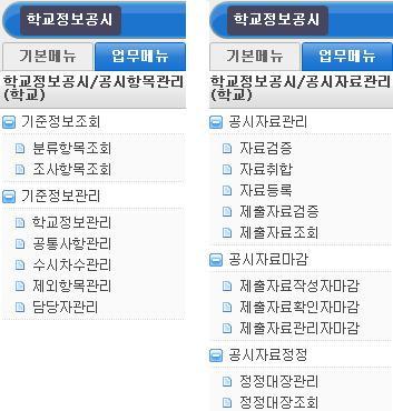 학교 MENU 교육청 MENU 학교메뉴중, 공시항목관리메뉴에서 ( 단위학교업무 ) 1.