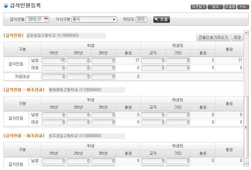 [ 급식외관리 ] - [ 중식지원집행액등록