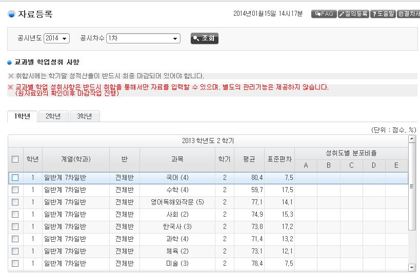 4-2. 교과별학업성취사항 ( 고등학교 ) 공시지침 공시기관 고 공시시기 매년 2월, 9월 ( 연2회 ) 자료기준일매학기말 공시내용 학년별교과별학기말성적 유의사항 1 분교장별도작성 공시방법및지침 원자료취합 : 1 [