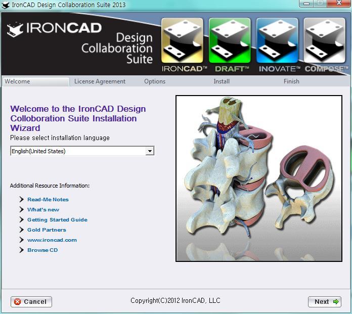 2. IRONCAD 2013 설치하기 4 1) IRONCAD Design Collaboration Suite 설치 DVD 를 DVD-ROM 에삽입합니다. 2) 아래와같이자동실행화면이나타나면, Setup.