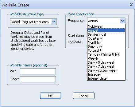 작업파일의생성 (Creating a Workfile) EViews 의주메뉴에서 File/New/Workfile 을선택하면분석대상자료의주기 (Frequency) 와분석기간 (Start date, End date)