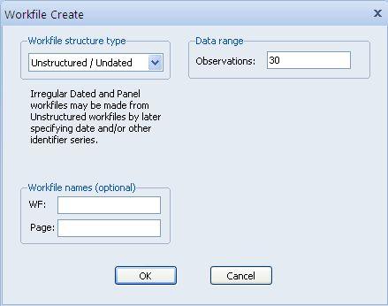 작업파일의생성 (Creating a Workfile) EViews 의주메뉴에서 File/New/Workfile 을선택하면분석대상자료의주기 (Frequency) 와분석기간