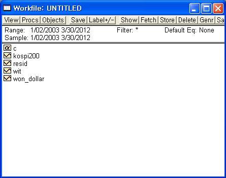 작업파일의생성 (Creating a Workfile) [ 참고 ] EViews 4.1( ) 에서의자료불러오기 (Data Import) 앞서창에서 OK를클릭하고나면다음과같이작업파일의창이활성화됨. 작업파일창이활성화된이후부터의과정은 EViews 버전 7.0 과동일함.