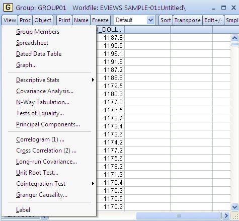 EViews 에서의그룹 (Group) 그룹을활성화한후주메뉴또는 Object 메뉴의 View 를선택함.